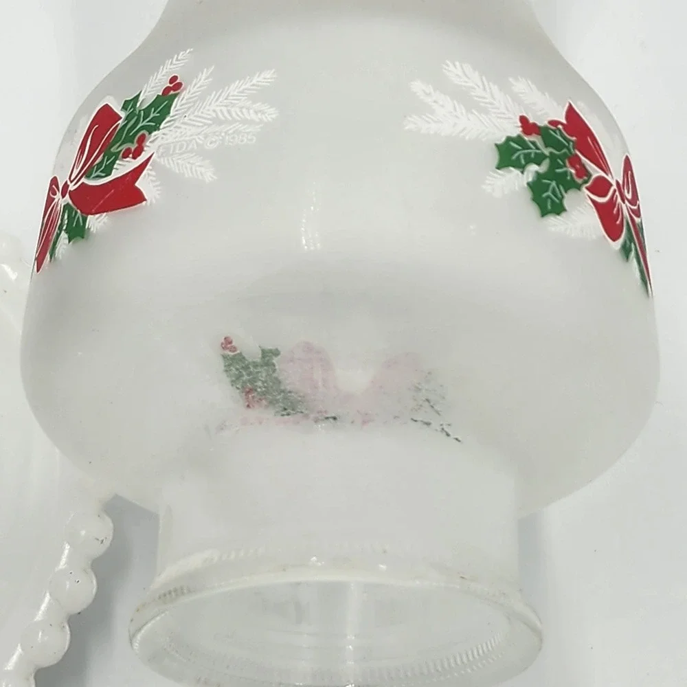Leviton Vintage Christmas Hurricane Lamp Milk Glass Hobnail Frosted Holly Bow